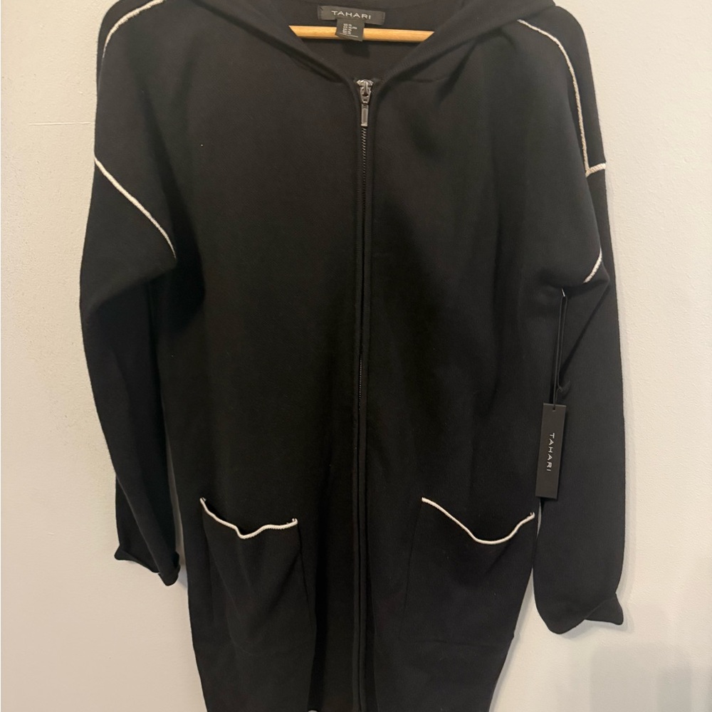 Tahari Women’s Black Zip Hoodie with White Piping, XL
